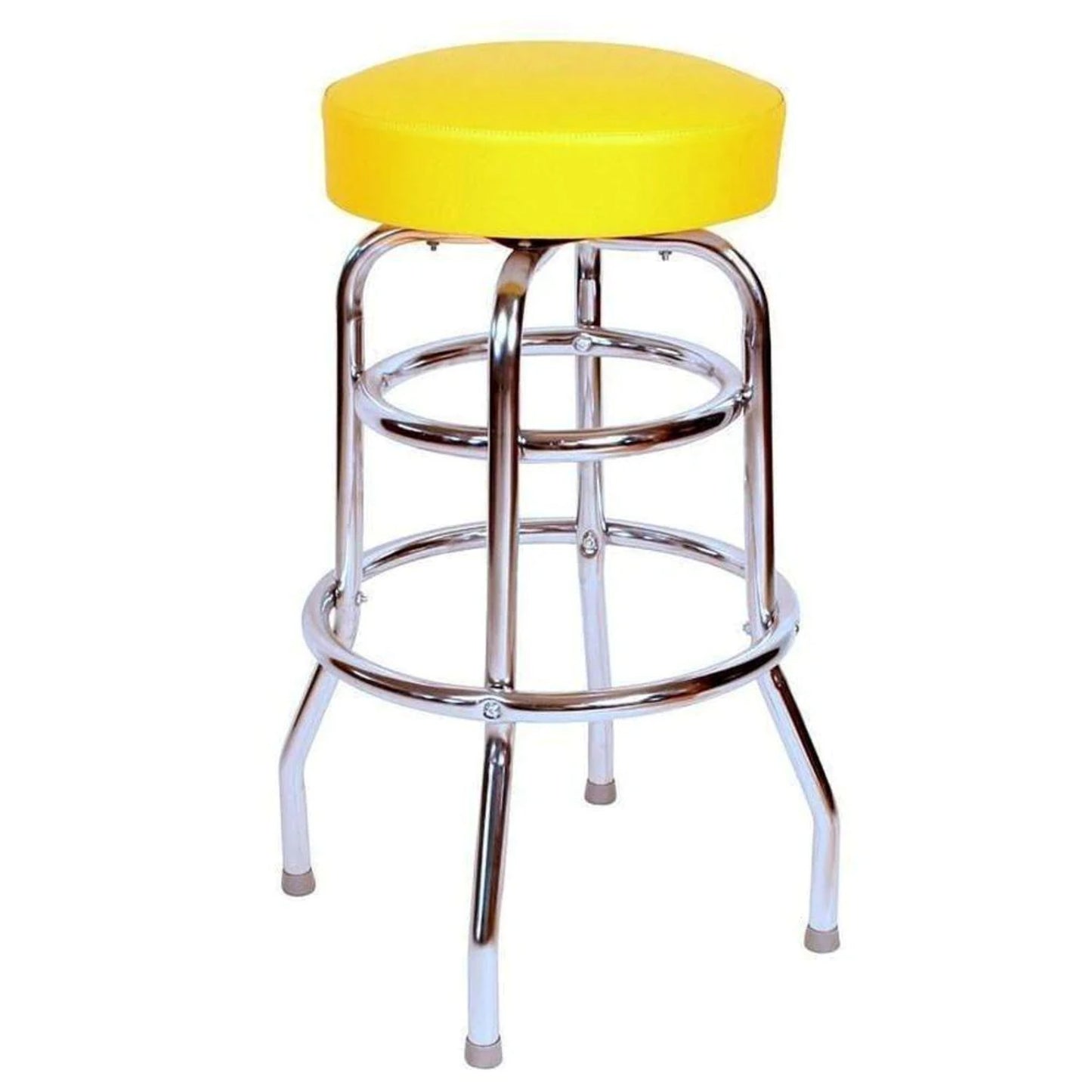 Vintage yellow upholstered bar stool with round seat and double-ring design