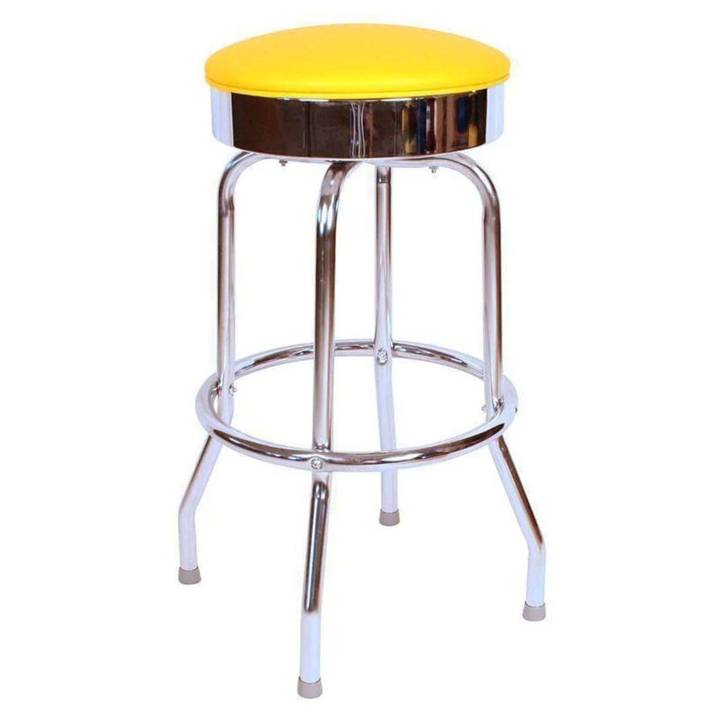 Retro 1950s swivel bar stool with chrome flat pan and upholstered round seat