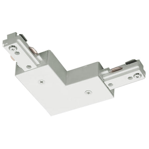 2-way L-connector for single-circuit track lighting in a white finish, featuring the right-angle connection ports for linking two single-circuit track sections.