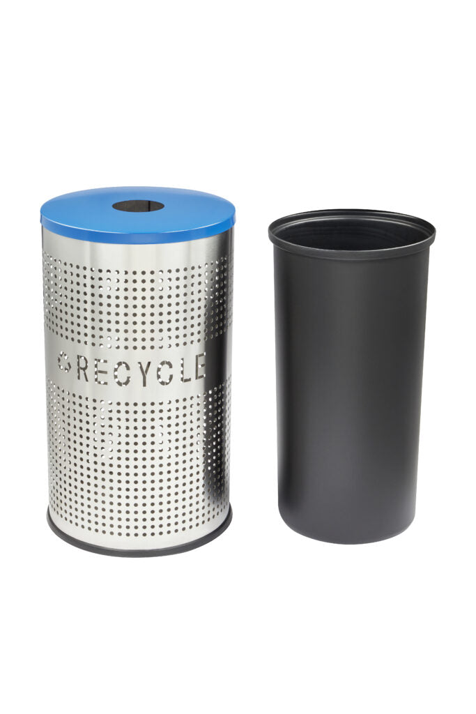 26 gallon perforated stainless steel recycle bin with blue lid indoor outdoor commercial recycling receptacle modern ventilated design with liner.