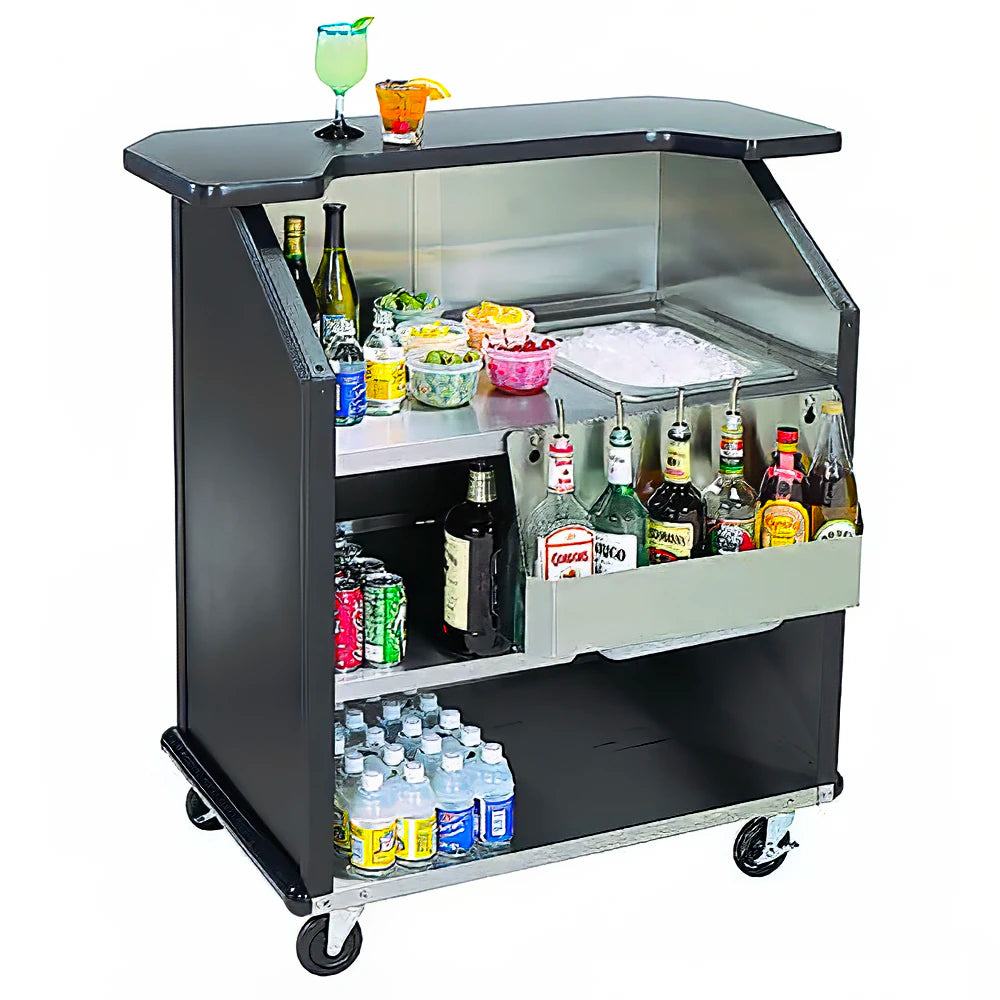 HD, 43"W , Cherry finished portable mobile bar is made of durable, rust resistant, stainless steel. The exterior is a black laminate. This is a heavy duty, commercial grade, product that works well in a restaurant, bar or event space. We like it because it's compact but well engineered.
Other Details
40-lb. insulated ice bin with drain
7-bottle speed rail
11⁄4-in.-thick water-resistant laminate top
(4) 5-in. non-marking casters
Dimensions: 43 in. W x 273⁄4 in. D x