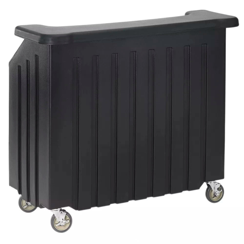 54-inch black polyethylene portable bar with built-in ice sink, speed rail, and storage compartments.