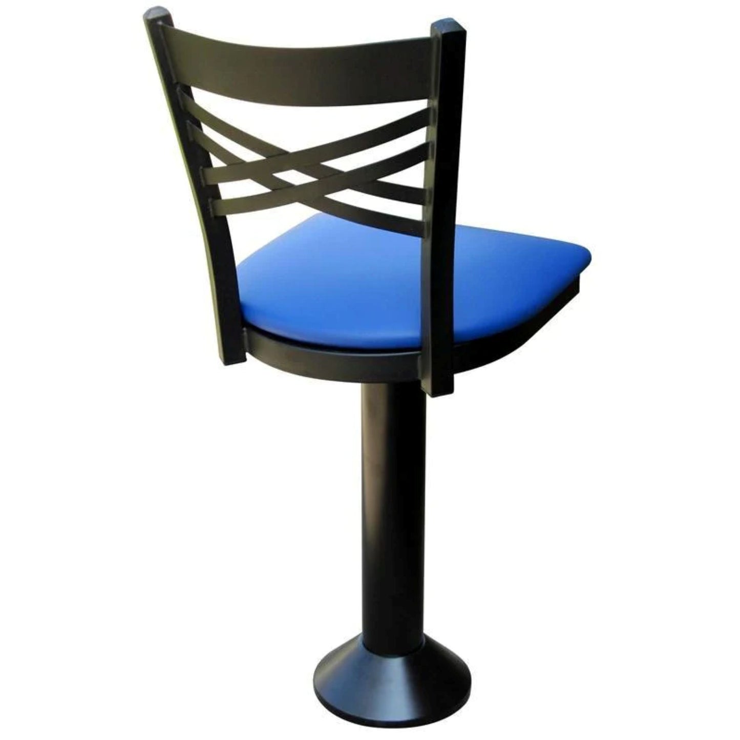Floor-mounted counter stool with double-cross metal back, swivel seat, customizable upholstery or wood seat, and powder-coated frame back view.