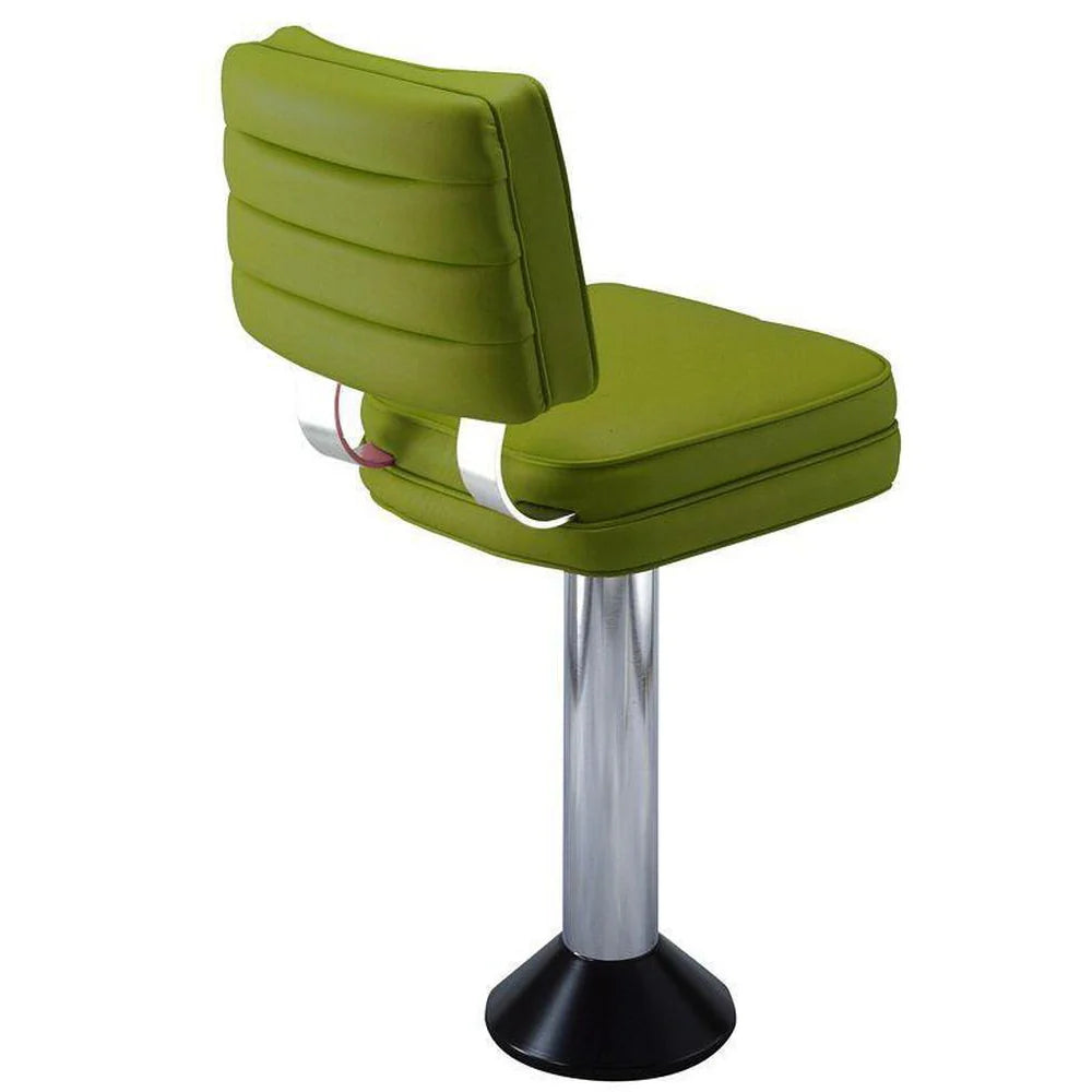 Floor-mounted counter stool with padded swivel seat and horizontal-channel aluminum back supports on a cast iron base