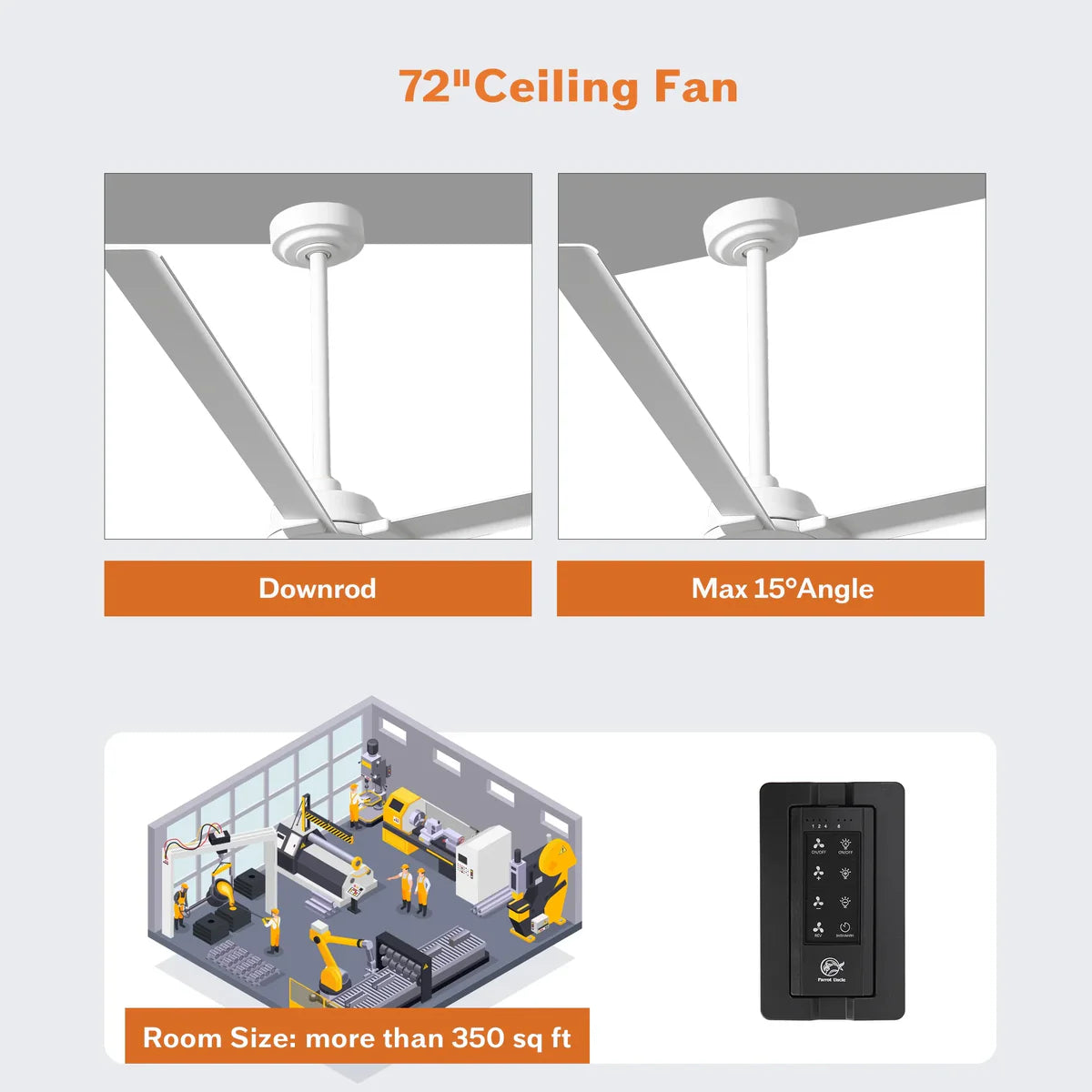 Ceiling fan with downrod and remote control, suitable for rooms over 350 sq ft.
