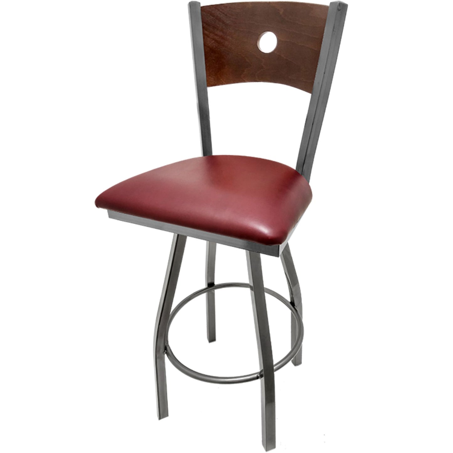 Bullseye wood back barstool with clear coat swivel frame, walnut back and wine vinyl seat