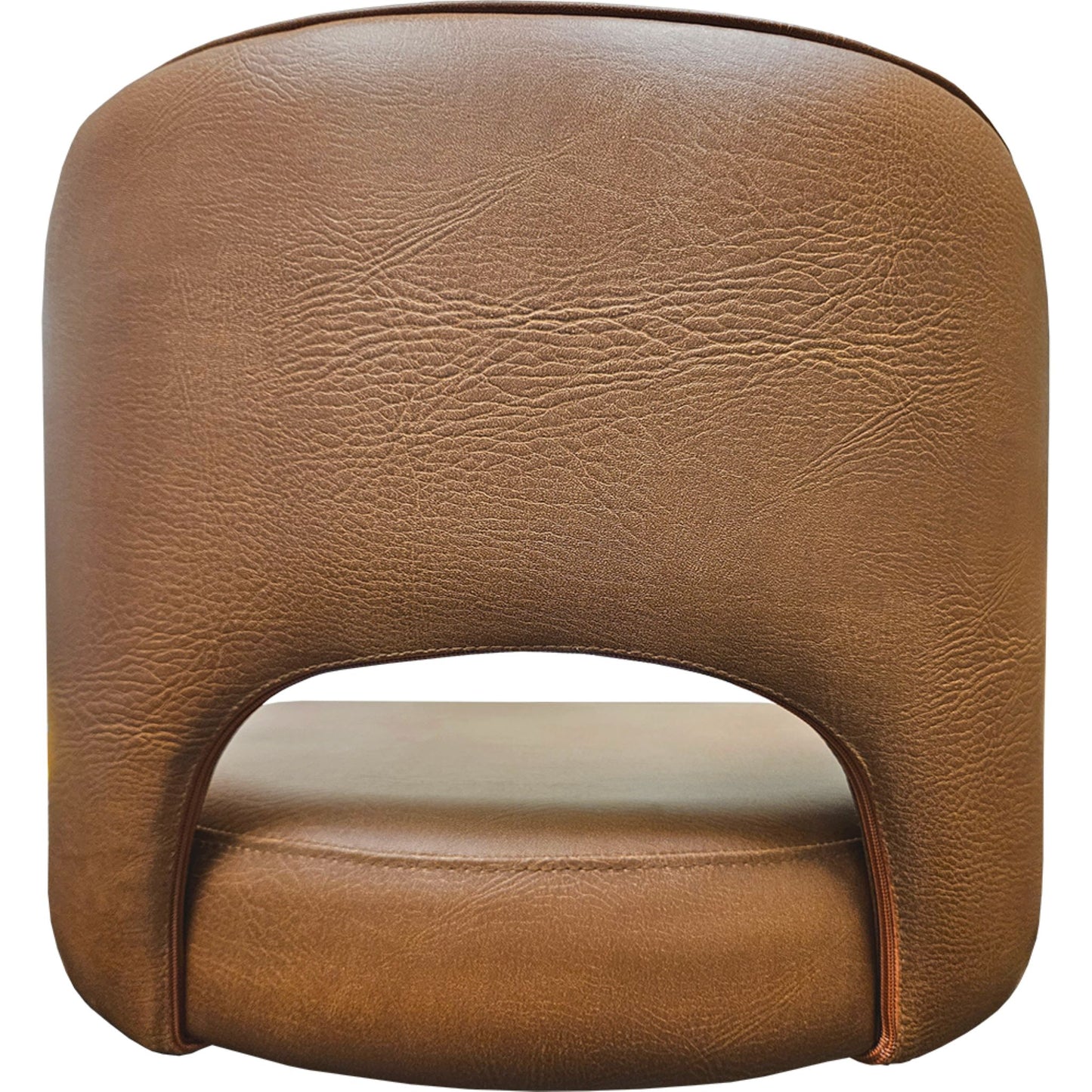 Cutout back bucket barstool with black swivel frame and buckskin upholstered seat zoom rear view