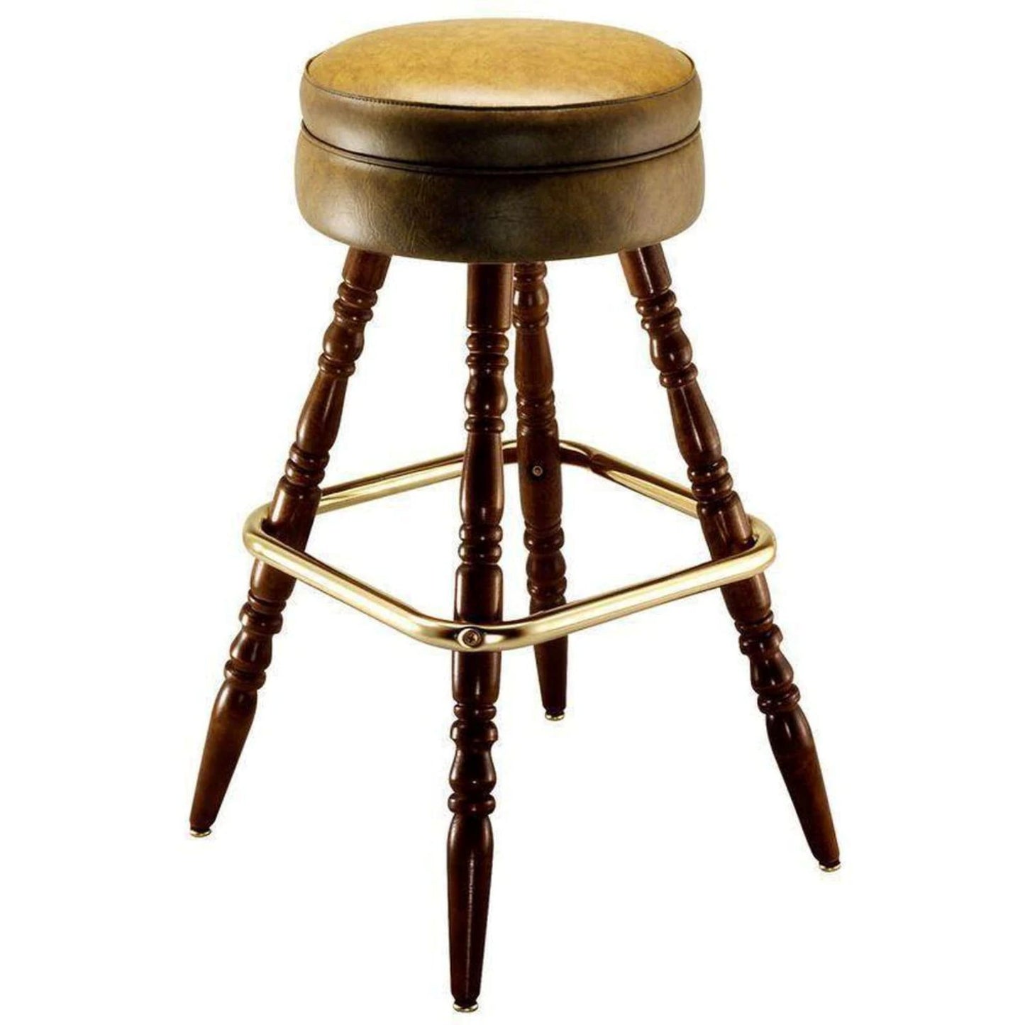 Backless swivel bar stool with round upholstered seat and hand-spun decorative maple wood legs in a dark walnut stain.