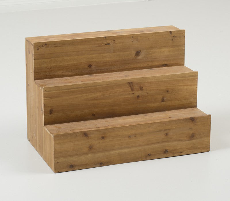 Large distressed pine wooden riser measuring 30 inches long, designed for displaying bottles on a back bar