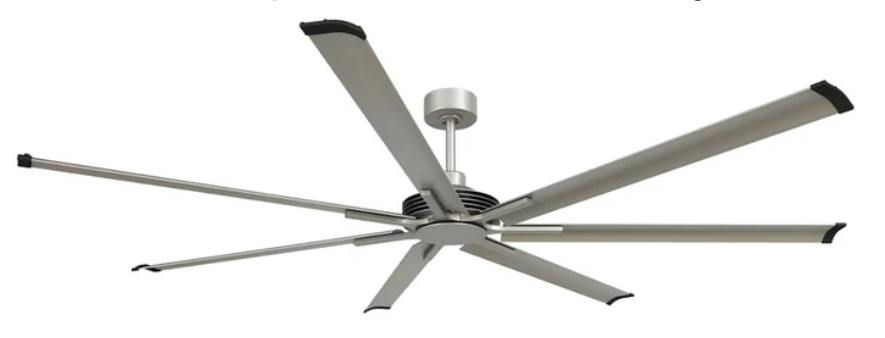 Large industrial ceiling fan with multiple blades on a white background