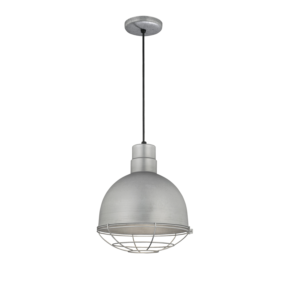 Galvanized industrial pendant light with silver metal finish and wire screen, cone-shaped shade designed for restaurant and bar lighting.