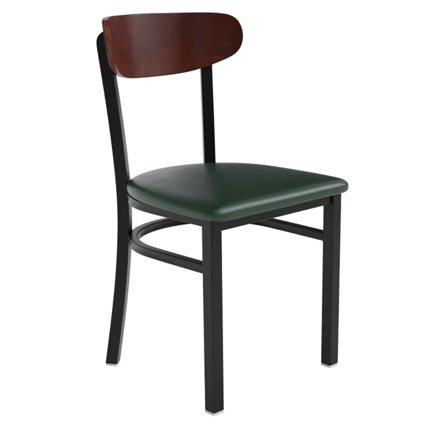 Side view of dining chair featuring black steel frame, walnut wood back, and green vinyl seat.