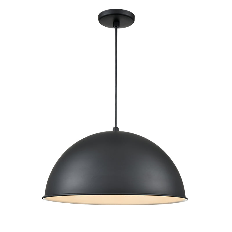 Black half-dome industrial pendant light made from aluminum, shown with downward-focused illumination for use in restaurants and bars.
