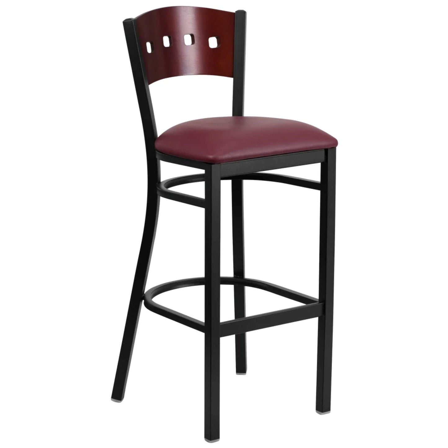 Bar stool with mahogany wood back, burgundy vinyl padded seat, and black powder-coated steel frame