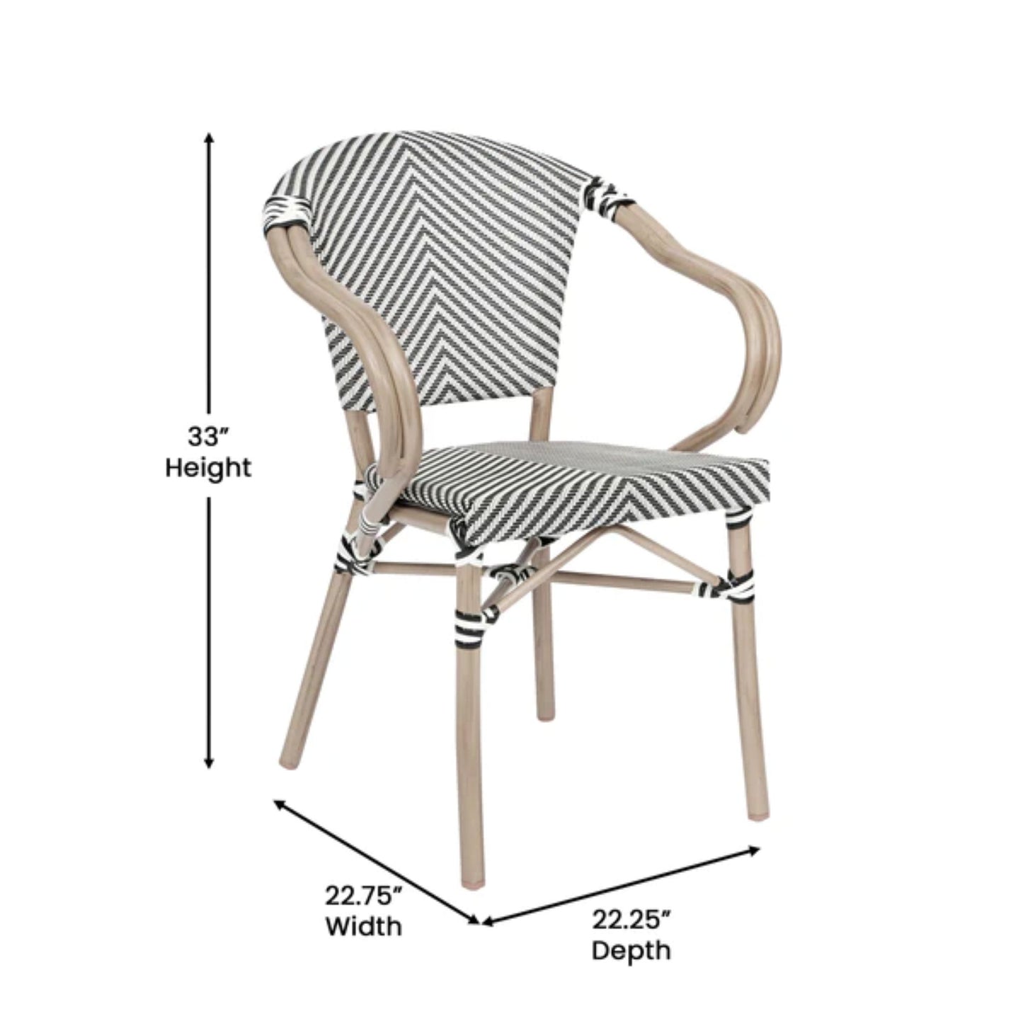 Angled view of commercial bistro stacking chair with black-white patterned textilene seat and back and bamboo-print metal frame with dimensions
