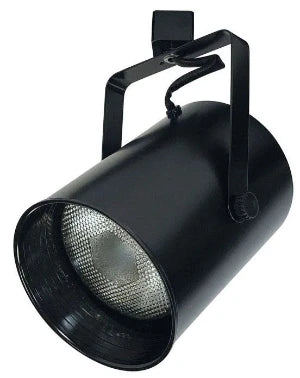 Black flatback cylinder BR40/PAR38 track light featuring a black baffle and adjustable yoke.