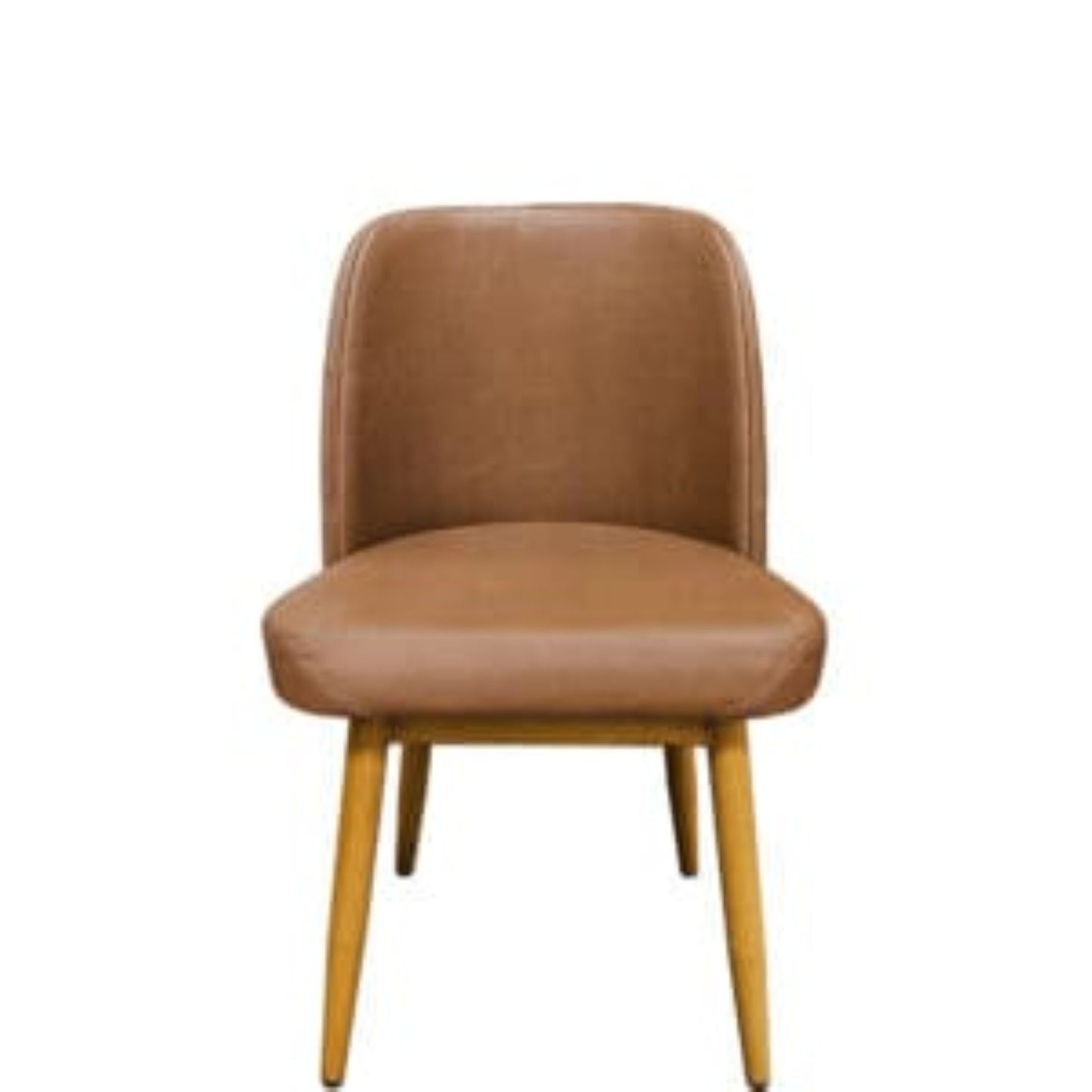 Front view Amata chair with tufted buckskin vinyl bucket seat and faux natural woodgrain metal frame.