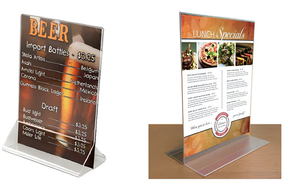 Front view of vertical PVC menu holder displaying printed menu insert
