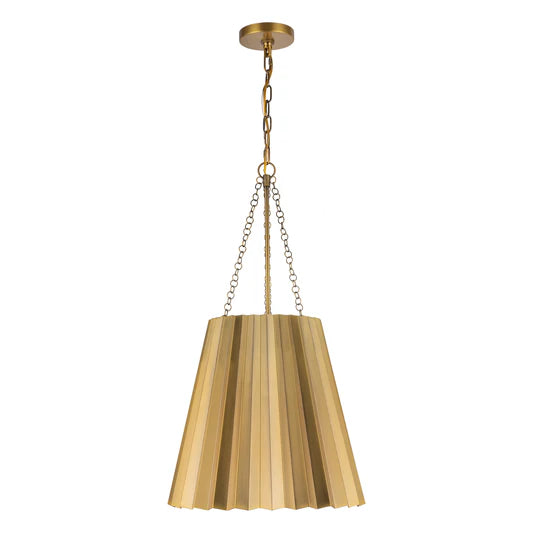 Plissé 12-inch pendant light featuring a gold pleated metal shade with a Parisian-inspired silhouette, suitable for upscale bar and restaurant lighting.