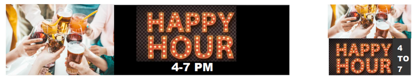 Vinyl banner displaying the words “Happy Hour” with bold, colorful graphics, designed for bars and restaurants, printed on durable PVC material for indoor or outdoor promotional use.