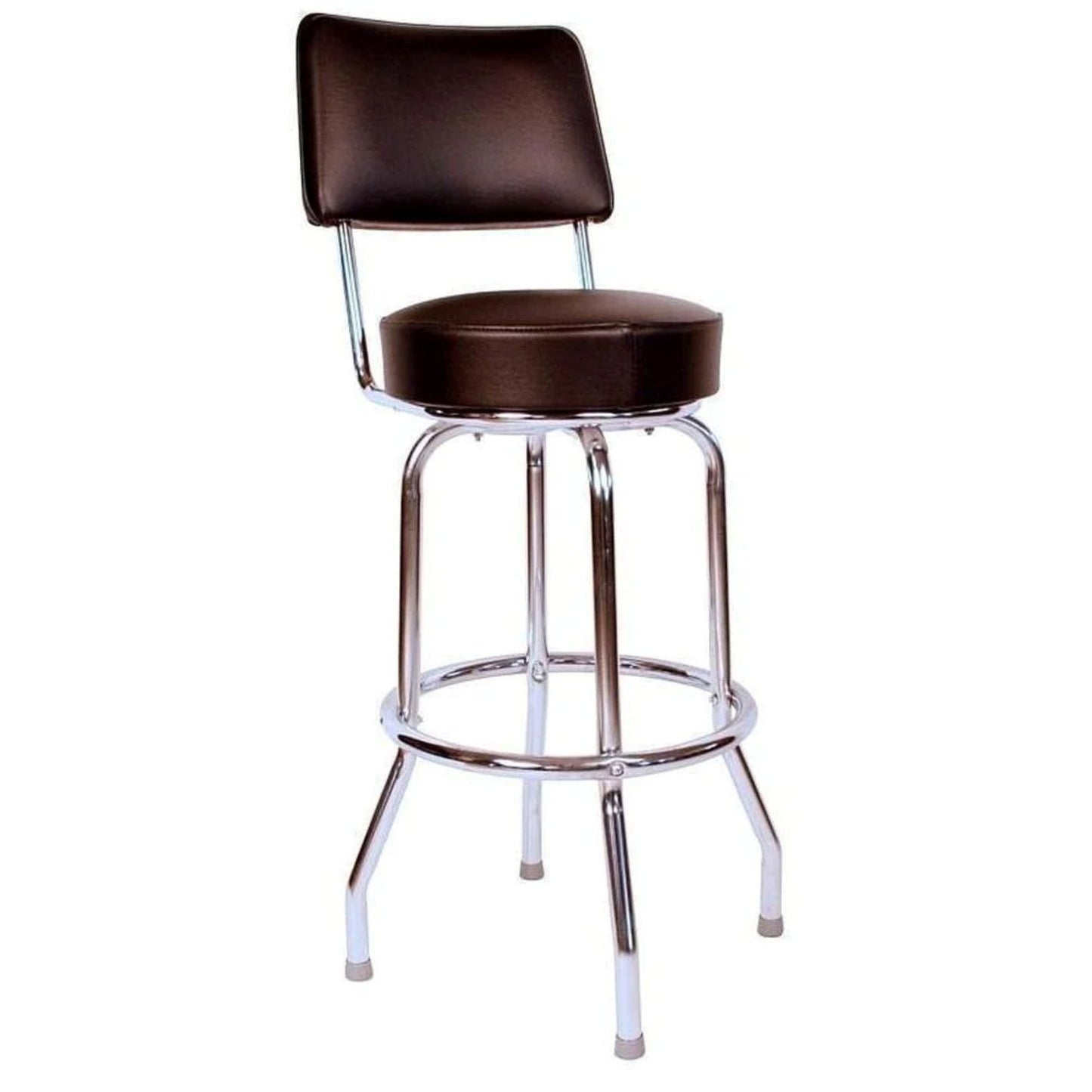 Single-ring bar stool with backrest and black upholstered swivel seat