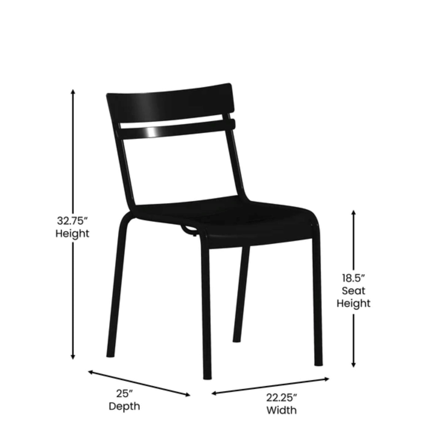 Dimensions view Black indoor-outdoor armless steel stack chair with 2-slat back and contoured slatted seat.