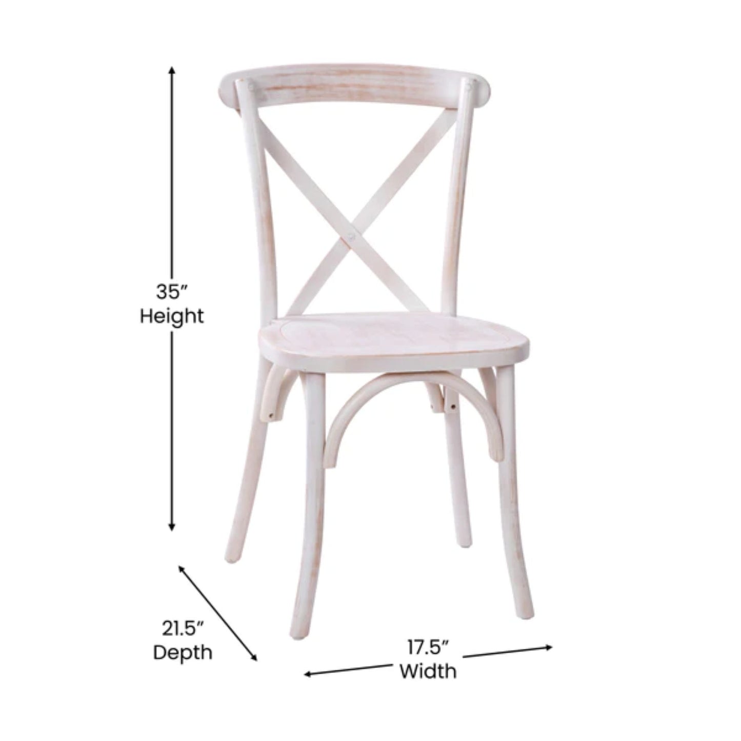 Elm wood X-Back dining chair in lime wash finish with soft, vintage patina with dimensions