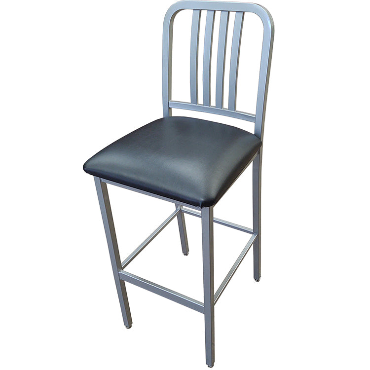 Commercial steel barstool with black cushioned vinyl seat and non-marring glides