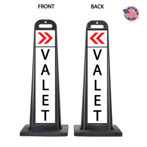 Portable valet parking sign with reflective double-sided panel and weighted rubber base