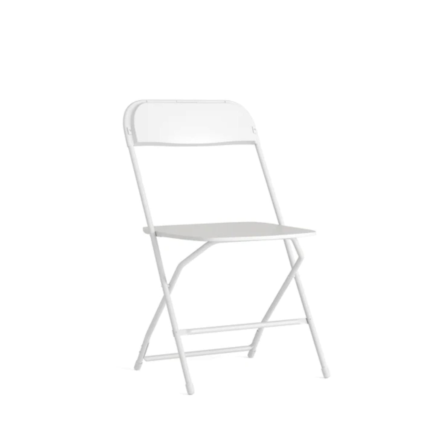 Big and tall extra wide white folding chair with contoured plastic seat and reinforced steel frame, front view.