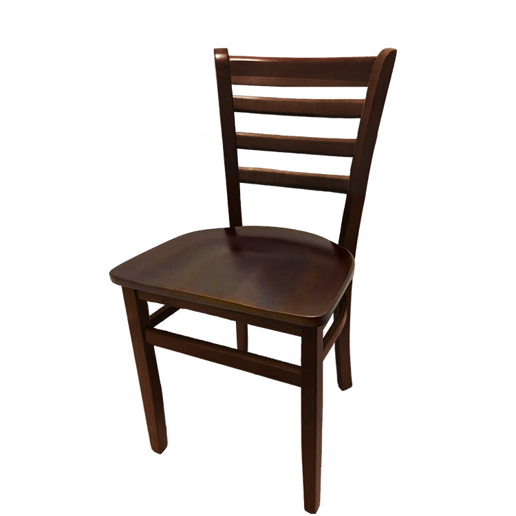 Beech wood side chair with walnut stain frame and matching walnut wood seat. Solid European beech construction for strength and longevity.