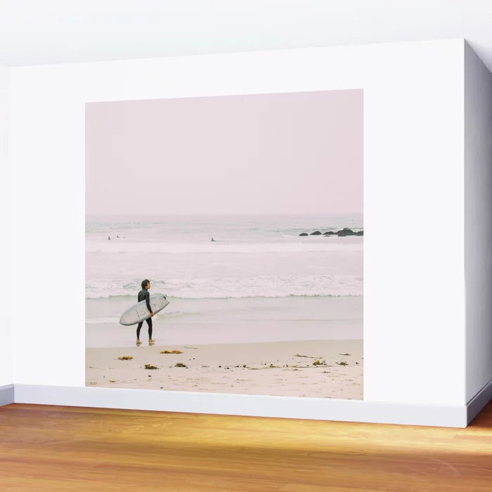 California Coast Surfer – Venice Beach Ocean View 8-foot Wall Mural by Pati Photography installed in a coastal restaurant or hotel lounge – beach-inspired wall art for hospitality interiors