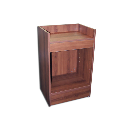 Rear view of the Economy Cash Register Stand in a cherry finish, showing the open-back storage shelf used for organizing retail checkout essentials.