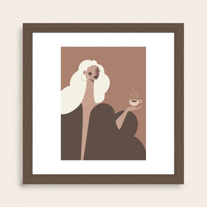 Coffee Hour Art Print by Maritza Lisa in rich walnut wood frame, adding warmth and character to restaurant dining rooms and coffee bars.