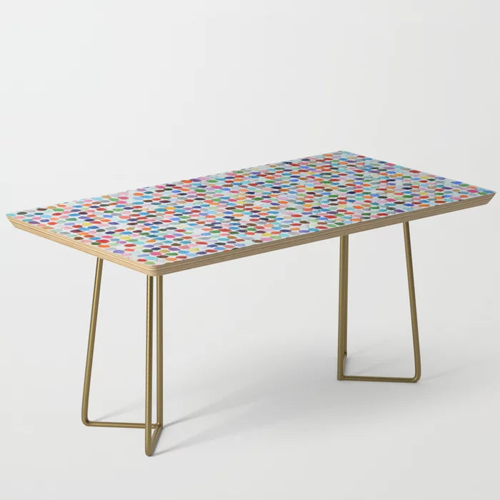 Colossal Polka Daubs Coffee Table by Ann Marie Coolick with gold steel legs – elegant, colorful abstract table ideal for hotel lobbies, stylish cafés, and restaurant interiors