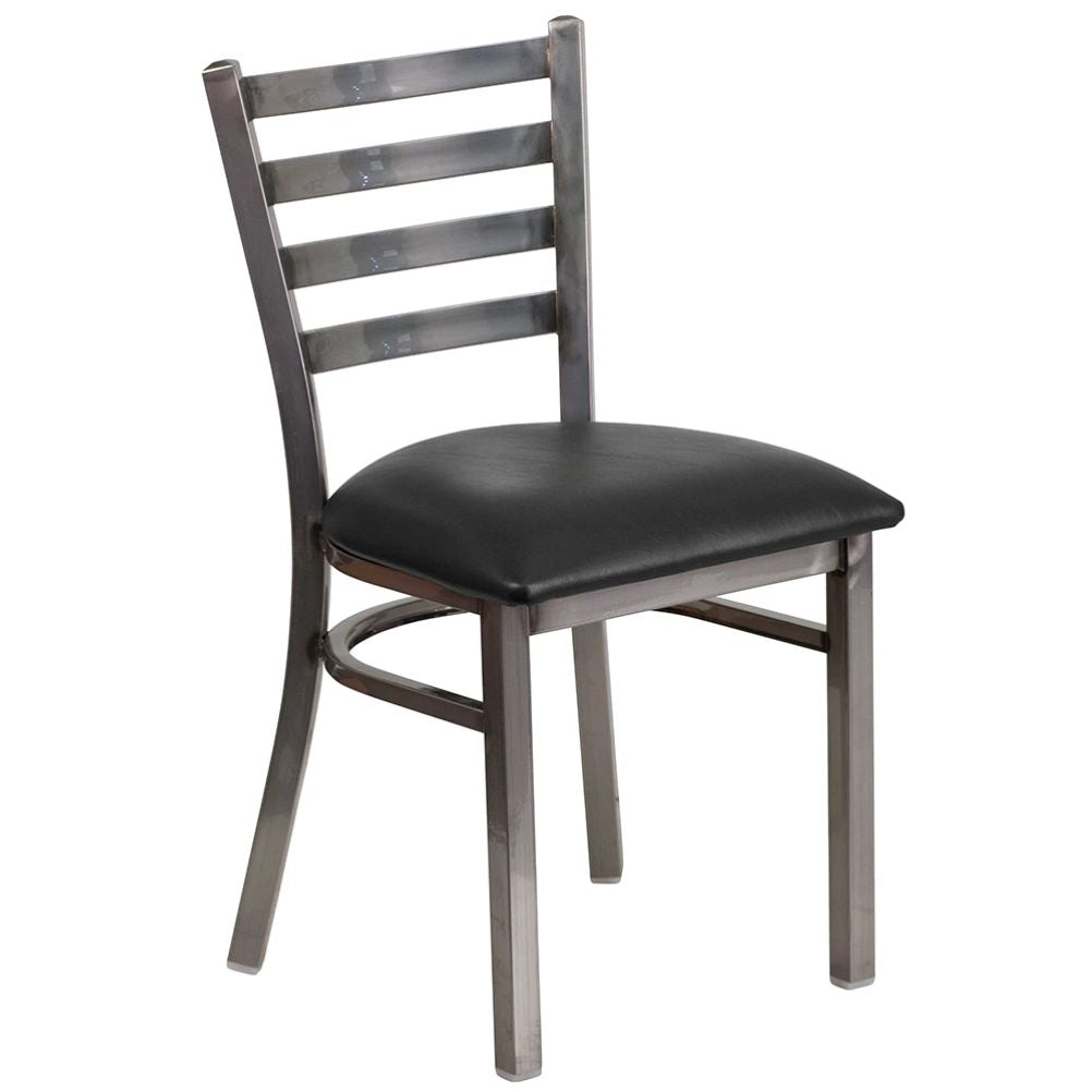 Three-quarter angled view of black steel ladder back restaurant chair with cushioned black vinyl seat designed for commercial use