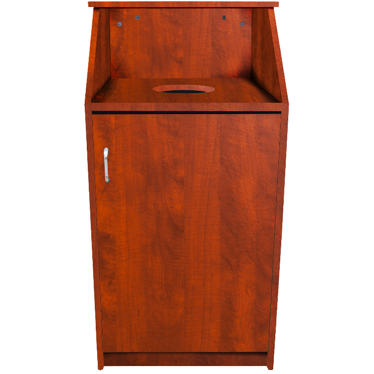25-gallon waste receptacle with metal corner brackets and tray return shelf