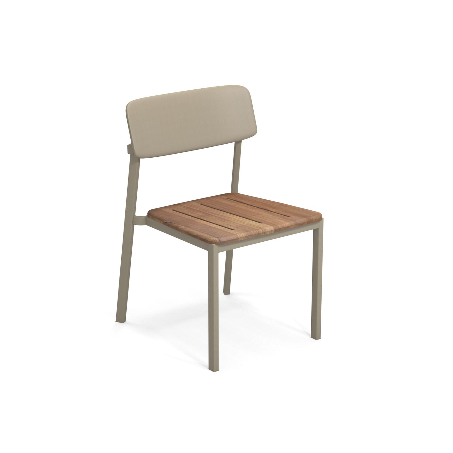 Emu Shine E247T side chair in taupe aluminum with natural teak details, a versatile stacking design perfect for modern patios and casual dining areas.