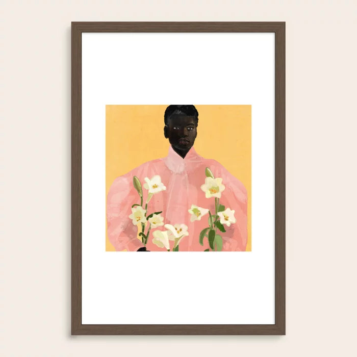 Girl Holding Flowers 2 Art Print by ThingDesign in walnut wood frame, warm modern botanical wall art ideal for cafe and restaurant