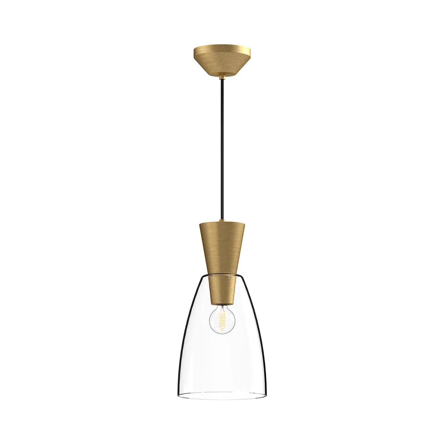 Arlo 7-inch mini pendant light with a clear glass shade and gold metal hardware, suitable for elegant bar, café, and restaurant lighting applications.