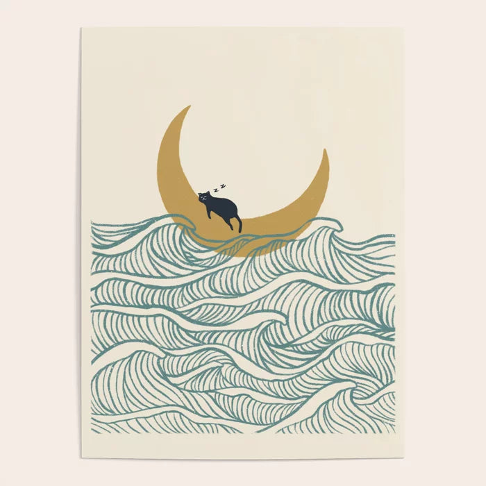 Good Night Meow 1 Poster by Jimmy Tan featuring minimalist cat artwork on glossy paper, ideal wall art for cafés, coffee shops, hotels, and restaurants.