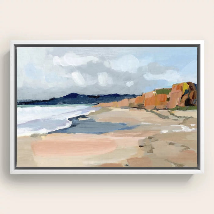Half Moon Bay Canvas Print by Shina Choi Art in white frame, clean and airy coastal wall art designed for cafés, beachfront hotels, and light modern restaurants.