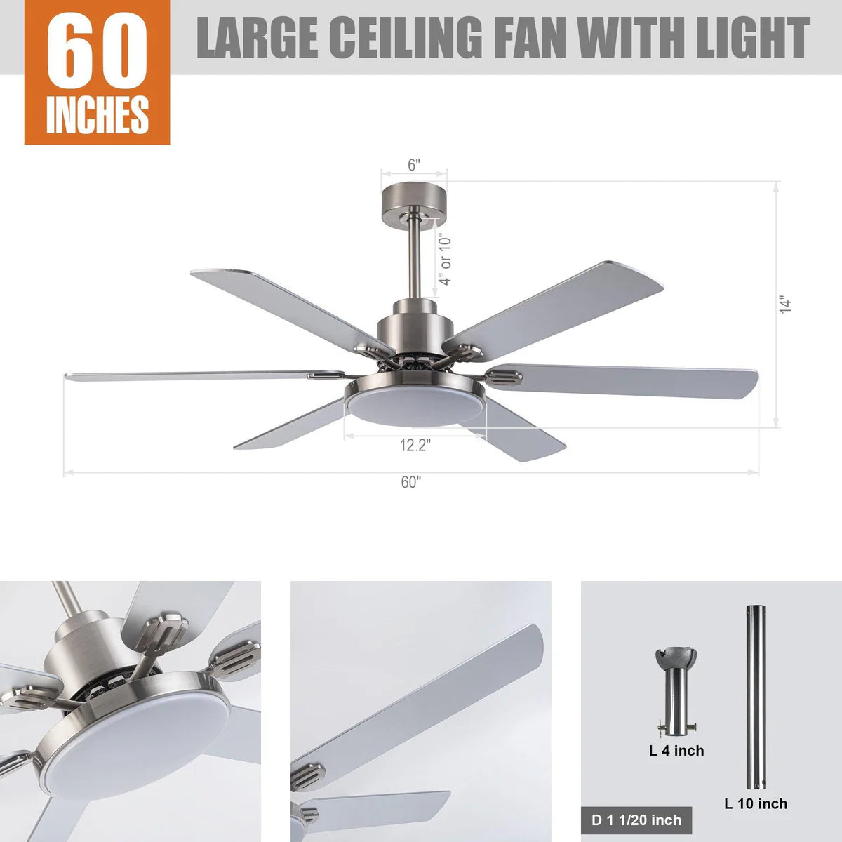 60-Inch Modern Ceiling Fan with LED Lighting and Remote Control – Reversible 6-Speed DC Motor