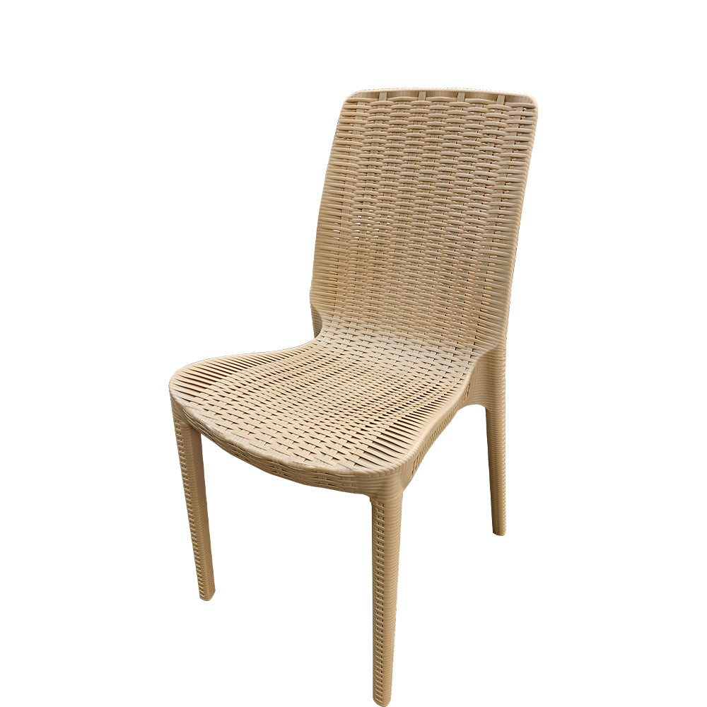 Front view of Olympus outdoor chair in tan finish, all-weather polypropylene resin with rattan texture, stackable indoor-outdoor chair for patios, cafés, and dining spaces.