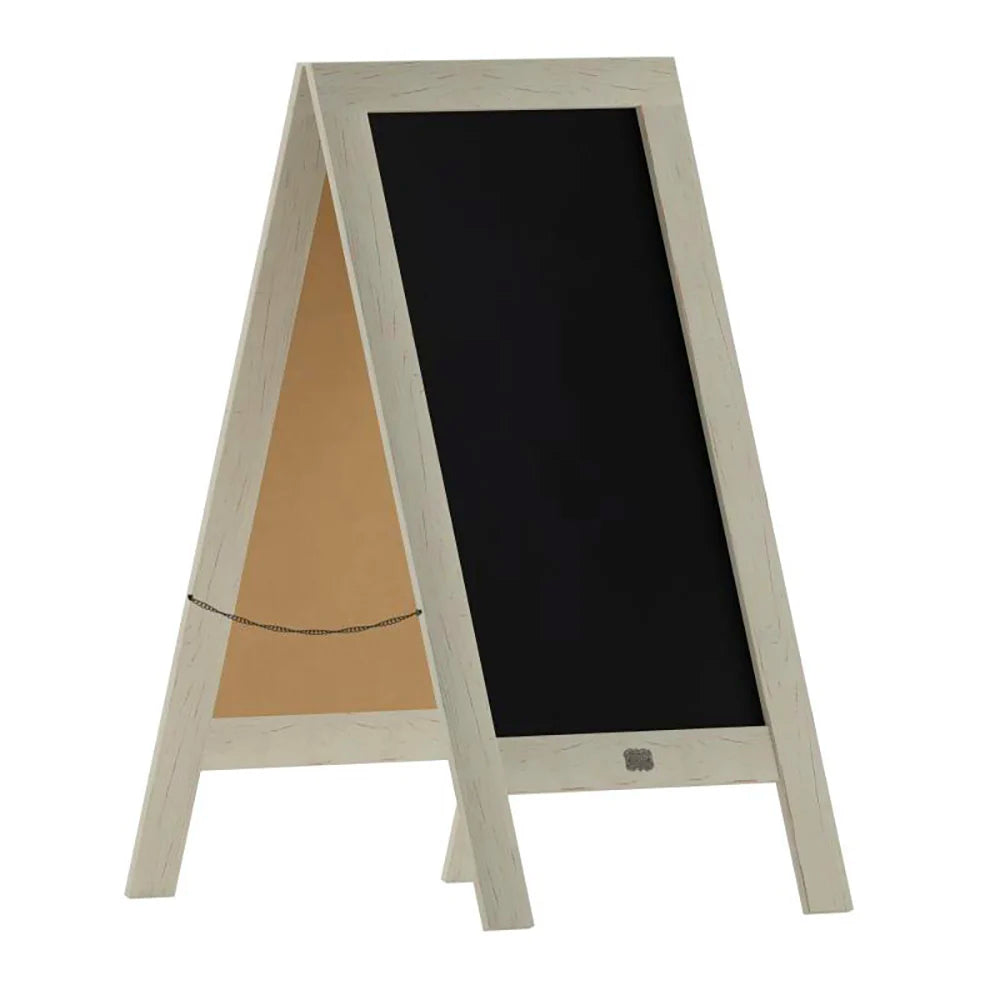 Front view of a two-sided pine A-frame chalkboard easel with magnetic black writing surfaces.