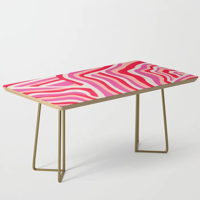 Alt Text:
Pink Zebra Stripes Coffee Table by Sunshine Canteen with gold steel legs – vibrant abstract art design ideal for hotel lobbies, stylish cafés, and contemporary restaurant spaces