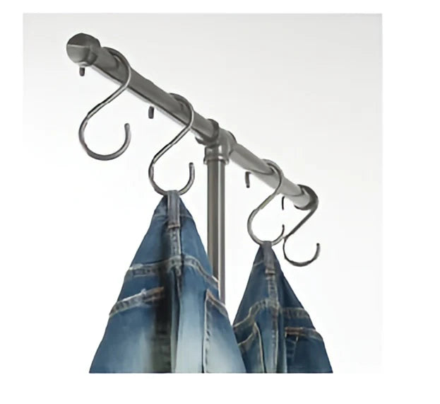Pipeline “S” display hook hanging from a 1¼-inch Pipeline bar, shown holding merchandise to demonstrate its fit and functionality within the industrial pipe display system.