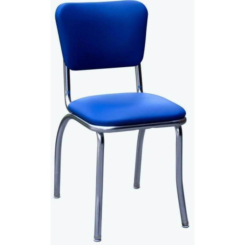 ront view of royal blue pulled-seat diner chair with chrome frame for cafés, diners, and bars.