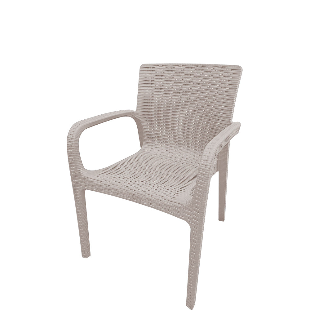 Front view of Rainier outdoor armchair in greige finish, UV- and water-resistant rattan texture, stackable polypropylene chair for patios and cafés.