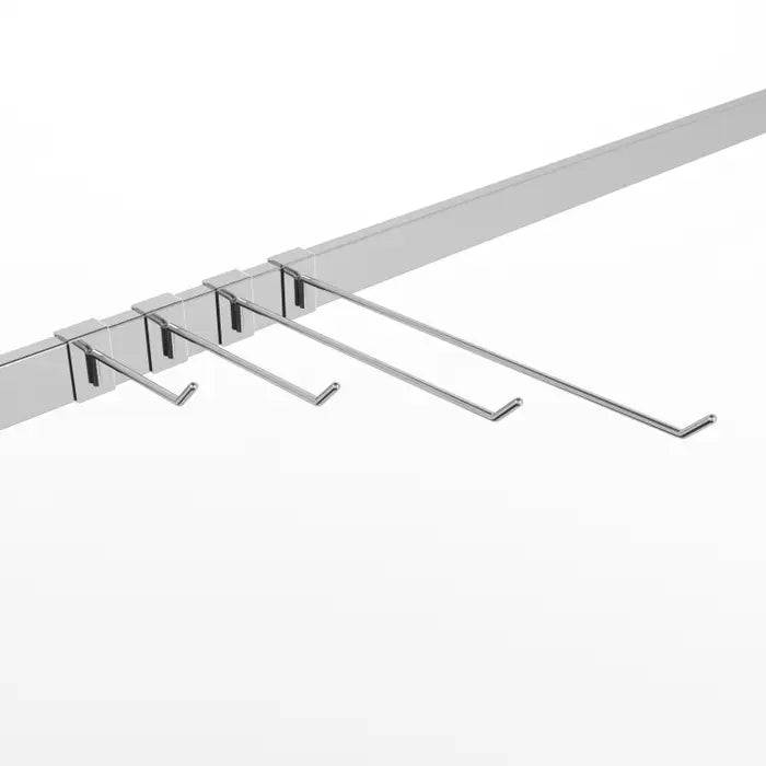 Front view of chrome peg hooks designed for rectangular tubing, shown in various lengths for displaying carded merchandise in commercial retail or hospitality spaces.